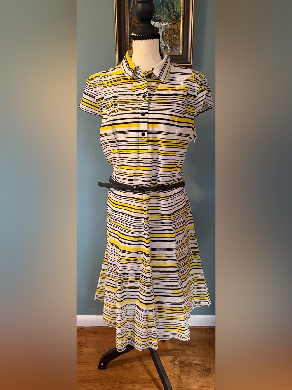 Nine West Women's Geometric Yellow Striped Shirt Dress Flare Skirt Size 16